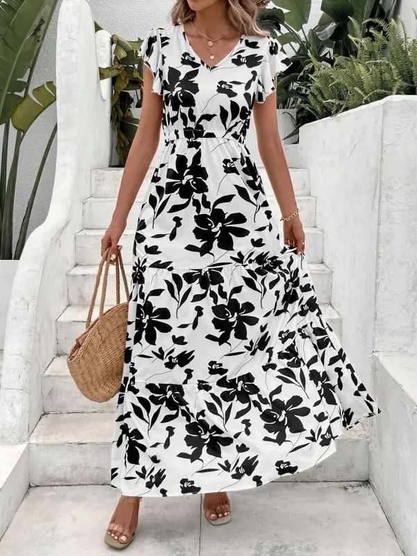 White_Black_Polyester_Cotton_Short_Sleeve_Botanical_Maxi_Dress_For_Women