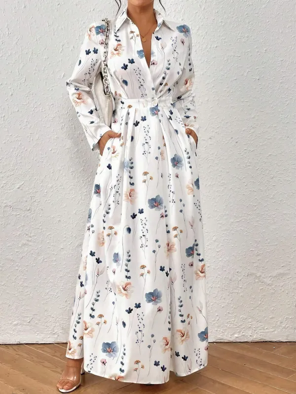 White_Blue_Polyester_Cotton_Long_Sleeve_Ditsy_Floral_Maxi_Dress_For_Women