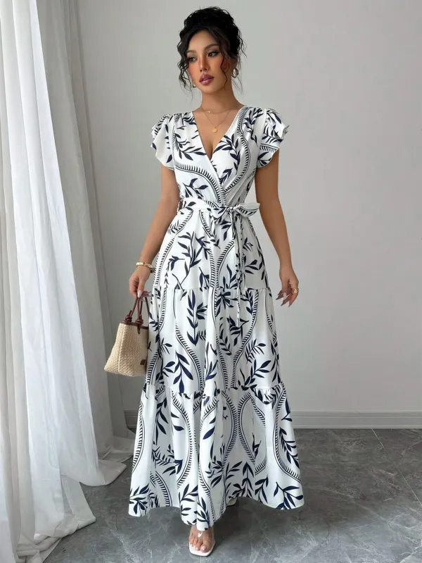 White_Black_Polyester_Cotton_Puff_Sleeve_Botanical_Maxi_Dress_For_Women