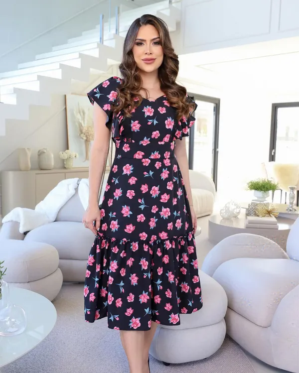 Black_Polyester_Cotton_Puff_Sleeve_Floral_Midi_Dress_For_Women