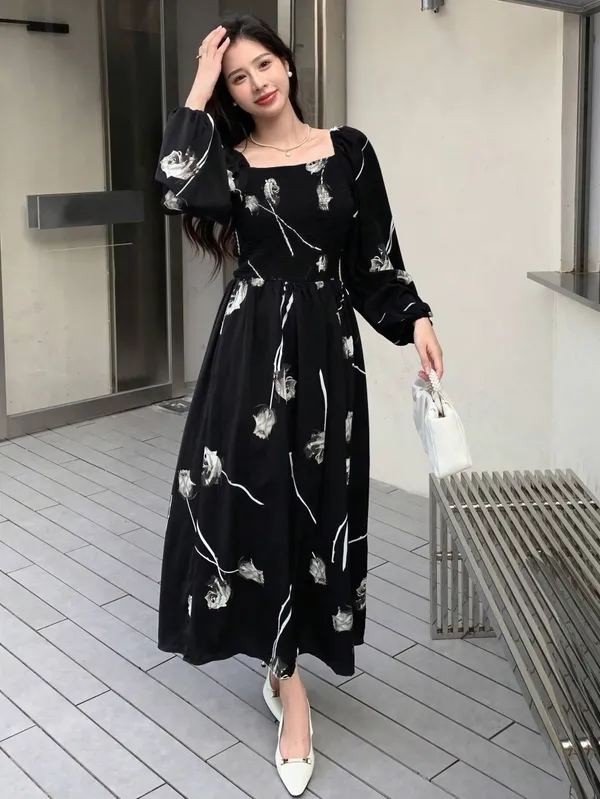 Black_White_Polyester_Cotton_Long_Sleeve_Leaf_Print_Maxi_Dress_For_Women