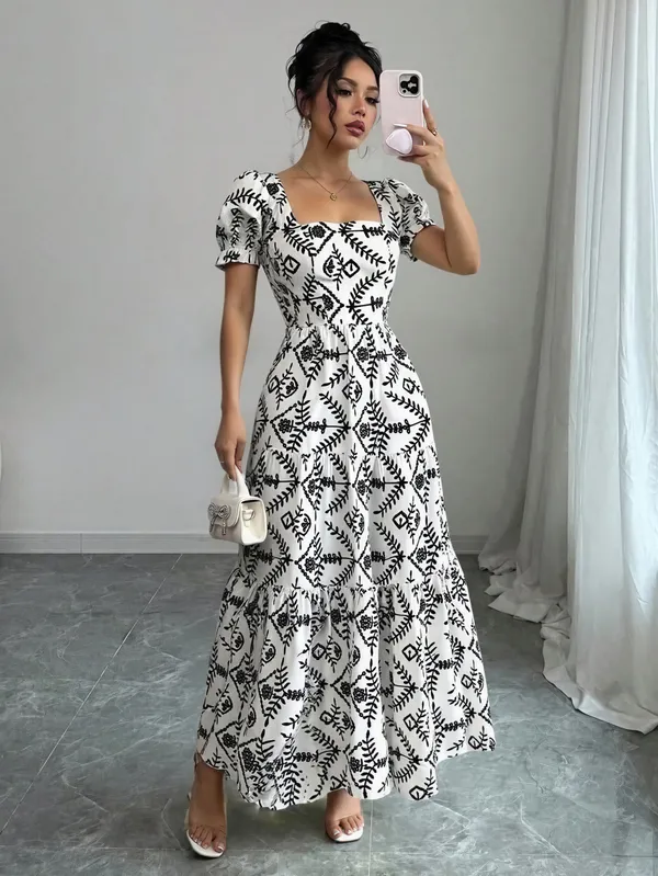 White_Polyester_Cotton_Puff_Sleeve_Geometric_Maxi_Dress_For_Women