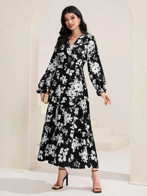 Black_White_Polyester_Cotton_Long_Sleeve_Floral_Maxi_Dress_For_Women