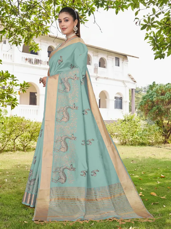 Powder_Blue_Matka_Silk_Animal_Motif_Saree_For_Women
