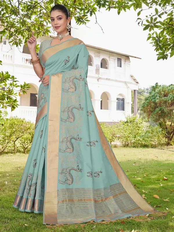 Powder_Blue_Matka_Silk_Animal_Motif_Saree_For_Women