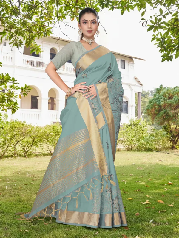 Powder_Blue_Matka_Silk_Animal_Motif_Saree_For_Women