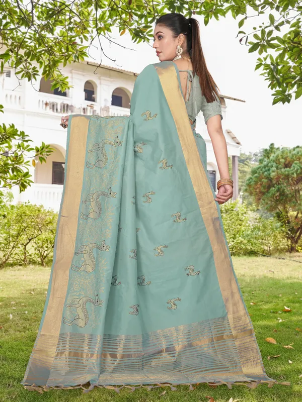 Powder_Blue_Matka_Silk_Animal_Motif_Saree_For_Women