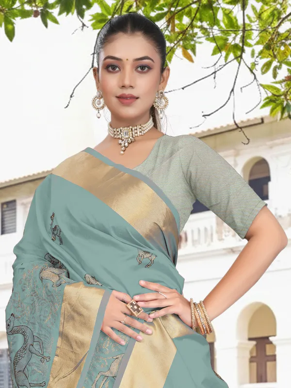 Powder_Blue_Matka_Silk_Animal_Motif_Saree_For_Women