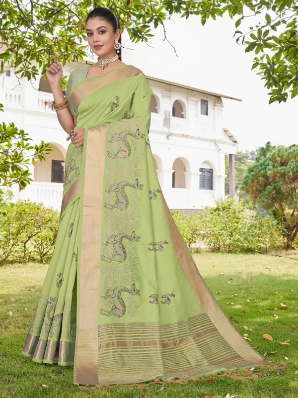 Light_Green_Matka_Silk_Animal_Motif_Saree_For_Women