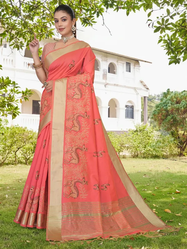 Coral_Pink_Matka_Silk_Animal_Motif_Saree_For_Women