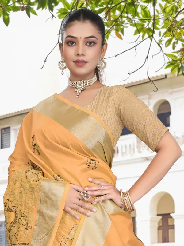 Mustard_Yellow_Matka_Silk_Animal_Motif_Saree_For_Women