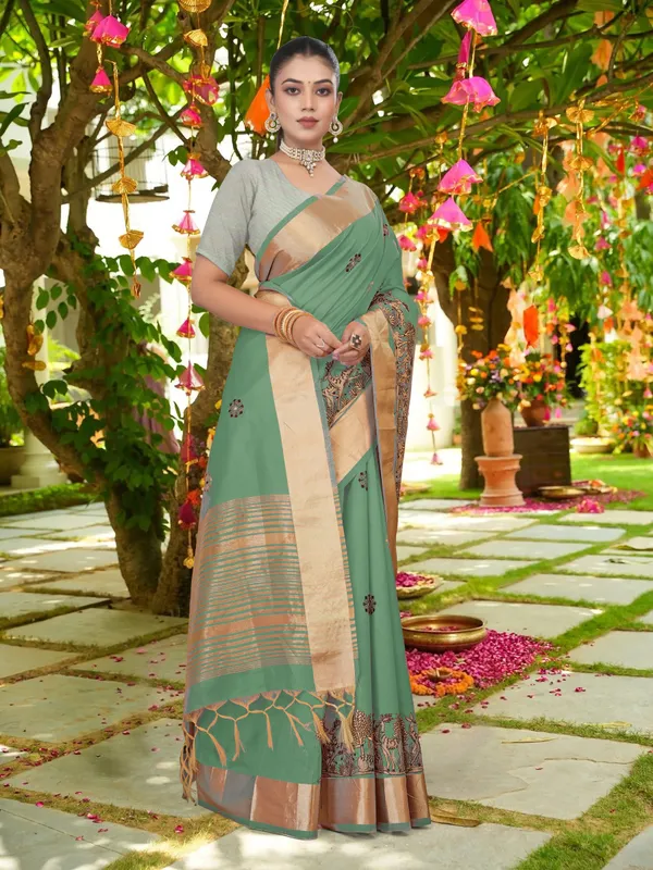 Deep_Green_Matka_Silk_Forest_Scene_Motif_Saree_For_Women