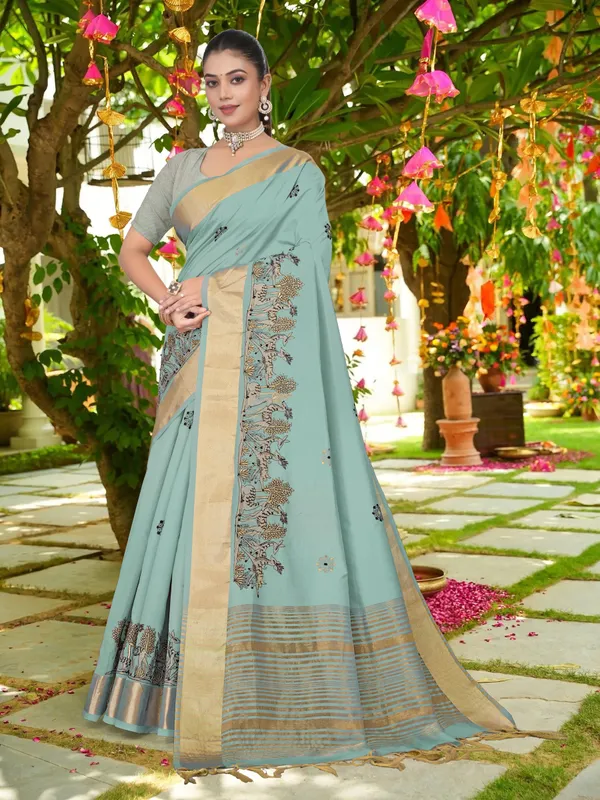 Powder_Blue_Matka_Silk_Forest_Scene_Motif_Saree_For_Women