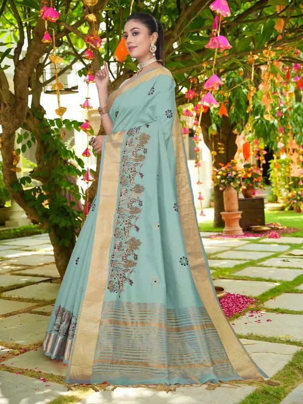 Powder_Blue_Matka_Silk_Forest_Scene_Motif_Saree_For_Women