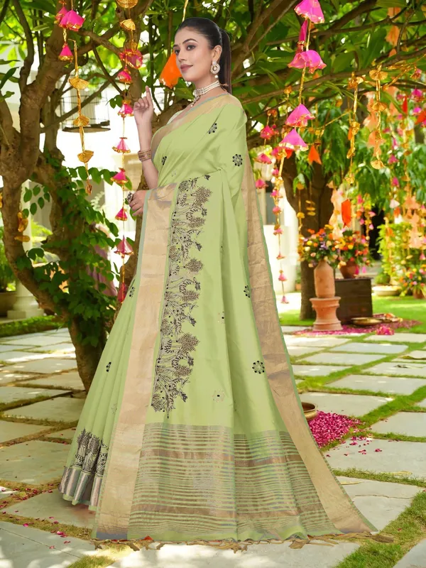 Light_Green_Matka_Silk_Forest_Scene_Motif_Saree_For_Women