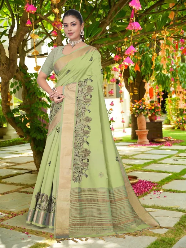 Light_Green_Matka_Silk_Forest_Scene_Motif_Saree_For_Women