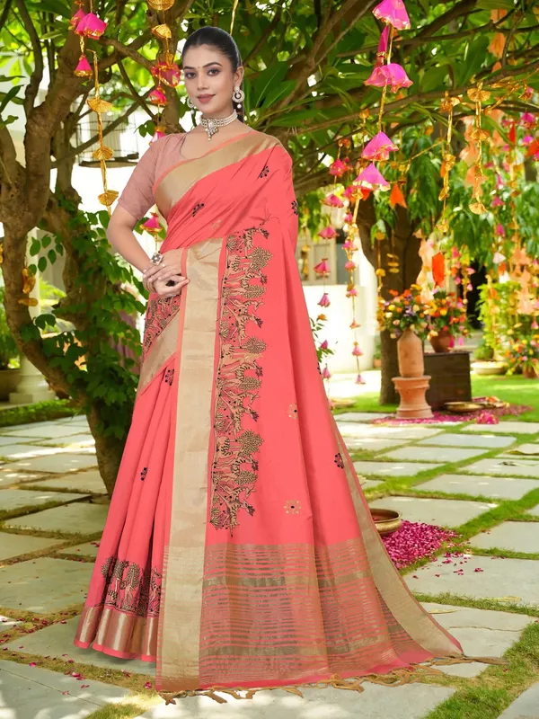 Coral_Pink_Matka_Silk_Forest_Scene_Motif_Saree_For_Women