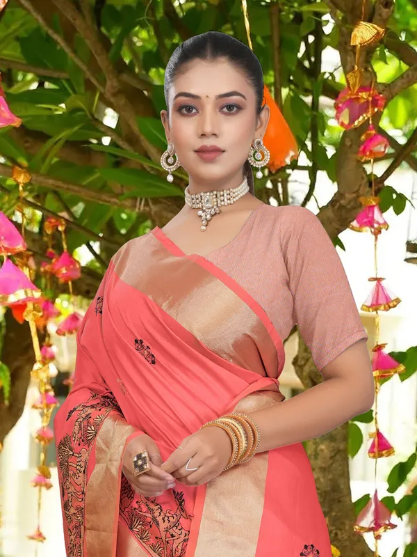 Coral_Pink_Matka_Silk_Forest_Scene_Motif_Saree_For_Women