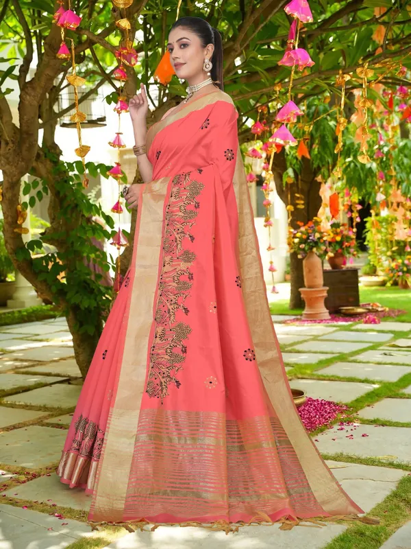Coral_Pink_Matka_Silk_Forest_Scene_Motif_Saree_For_Women