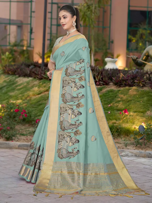 Powder_Blue_Matka_Silk_Folk_Women_Motif_Saree_For_Women