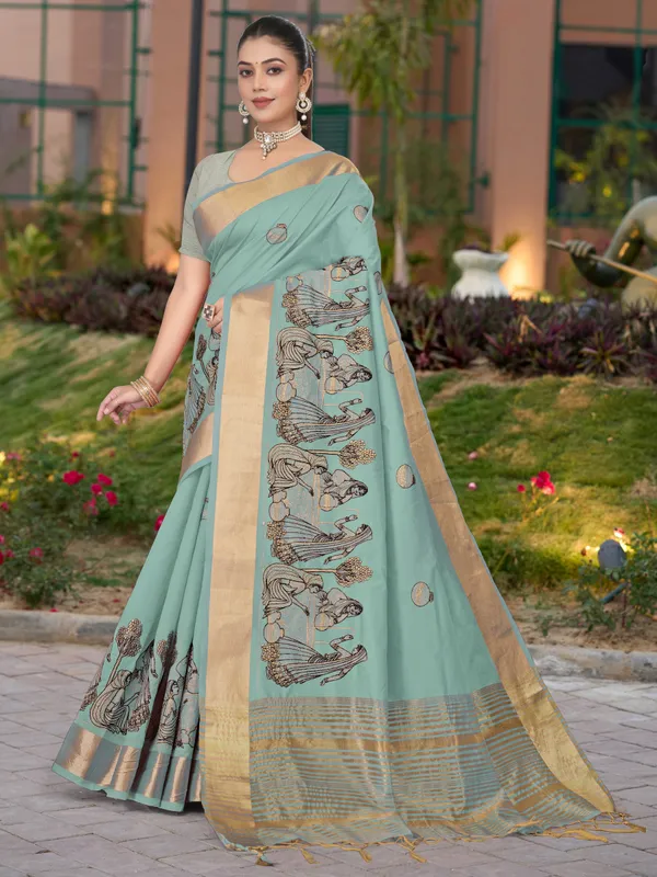Powder_Blue_Matka_Silk_Folk_Women_Motif_Saree_For_Women