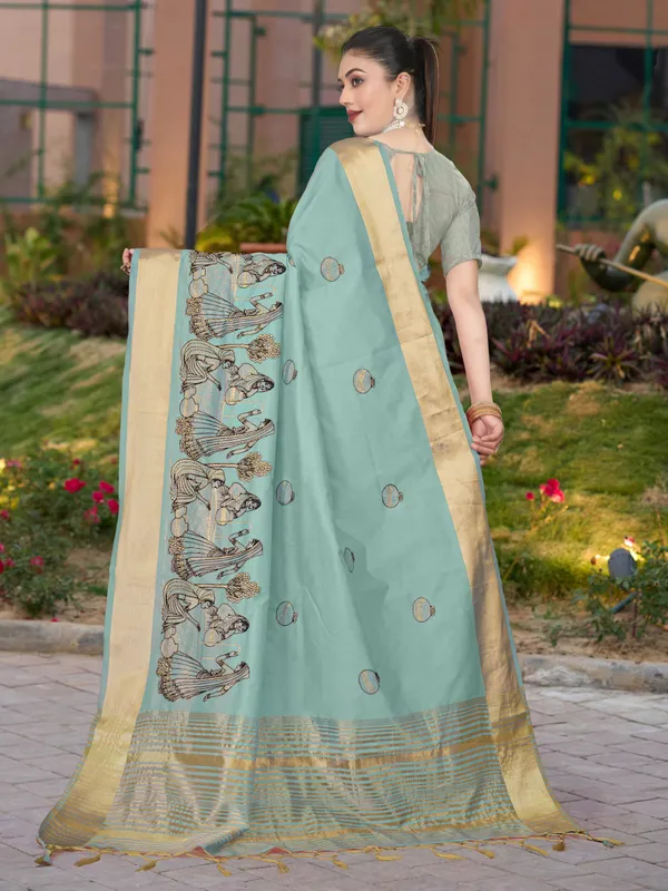 Powder_Blue_Matka_Silk_Folk_Women_Motif_Saree_For_Women