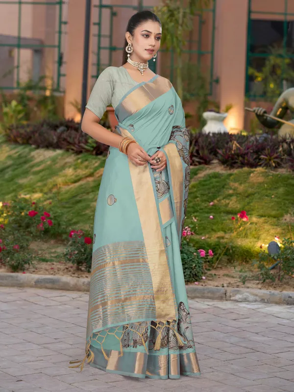 Powder_Blue_Matka_Silk_Folk_Women_Motif_Saree_For_Women