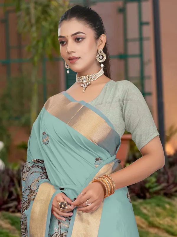 Powder_Blue_Matka_Silk_Folk_Women_Motif_Saree_For_Women