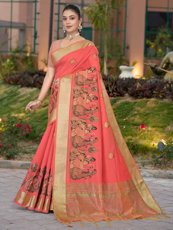 Coral_Pink_Matka_Silk_Folk_Women_Motif_Saree_For_Women