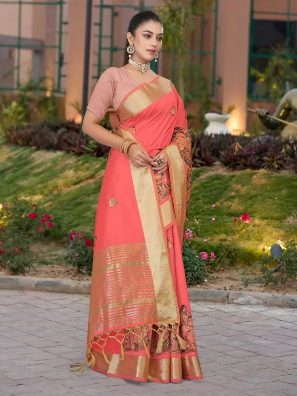 Coral_Pink_Matka_Silk_Folk_Women_Motif_Saree_For_Women