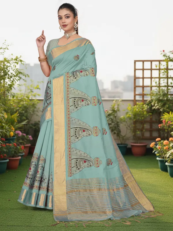 Powder_Blue_Matka_Silk_Portrait_Motif_Saree_For_Women