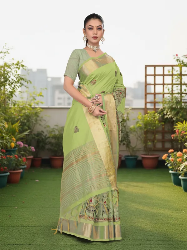 Light_Green_Matka_Silk_Portrait_Motif_Saree_For_Women