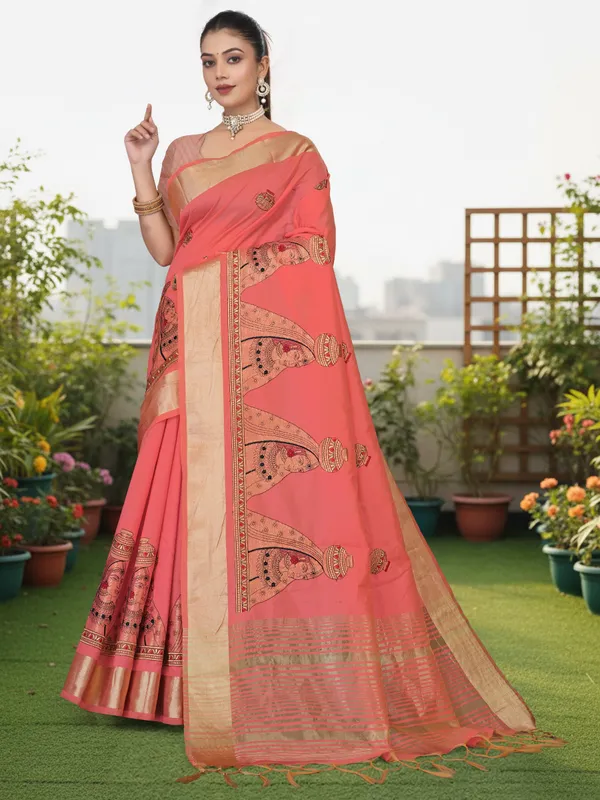 Coral_Pink_Matka_Silk_Portrait_Motif_Saree_For_Women