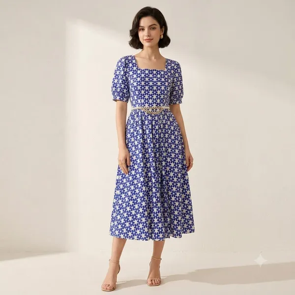 Blue_Polyester_Cotton_Puff_Sleeve_Ditsy_Floral_Dress_For_Women