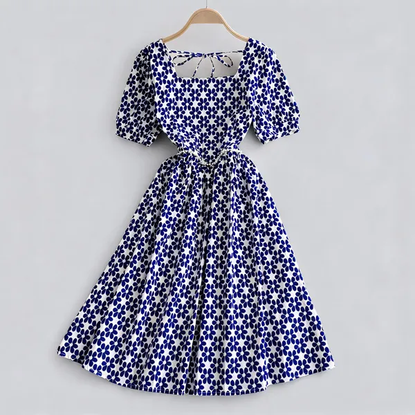 Blue_Polyester_Cotton_Puff_Sleeve_Ditsy_Floral_Dress_For_Women