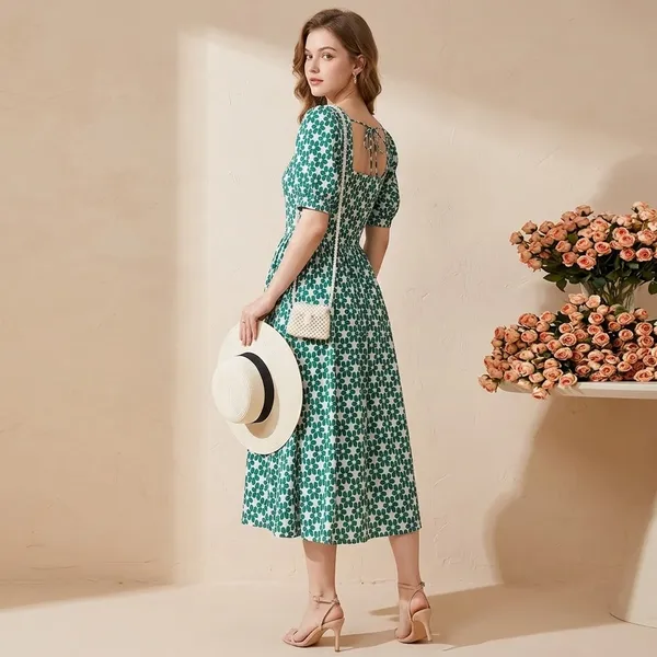 Green_Polyester_Cotton_Puff_Sleeve_Ditsy_Floral_Dress_For_Women