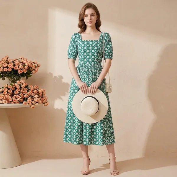 Green_Polyester_Cotton_Puff_Sleeve_Ditsy_Floral_Dress_For_Women