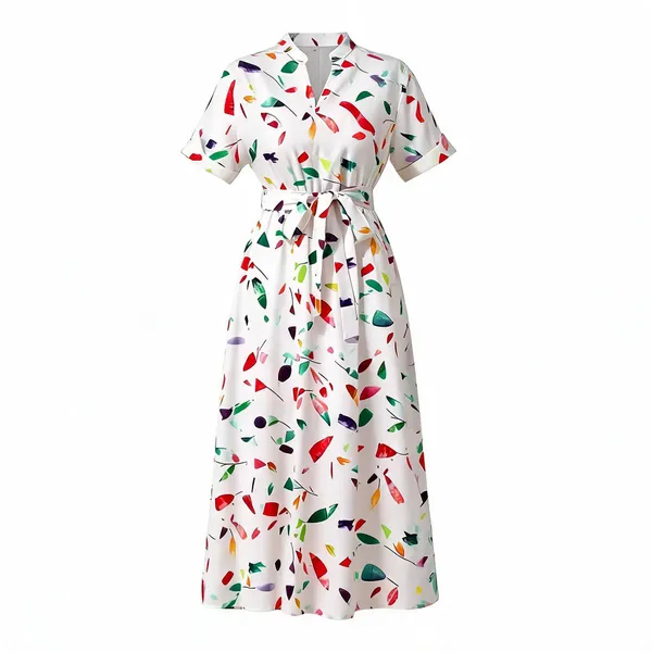White_Polyester_Cotton_Waist_Tie_Up_Multicolor_Printed_Dress_For_Women