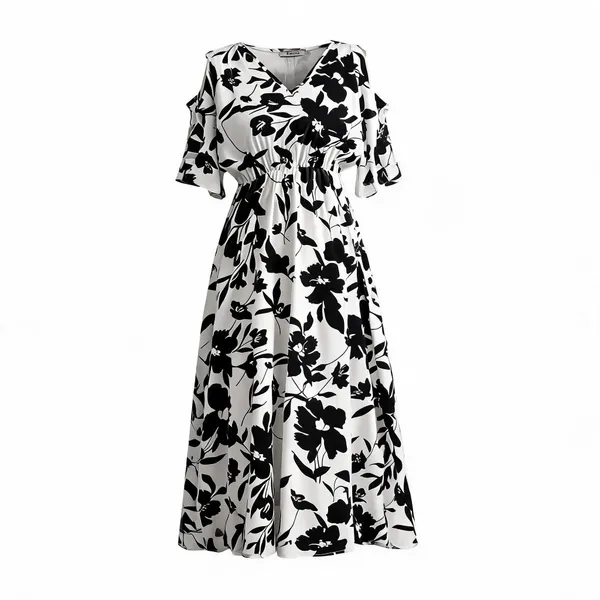 White_Polyester_Cotton_Ruffle_Sleeve_Floral_One_Piece_Dress_For_Women