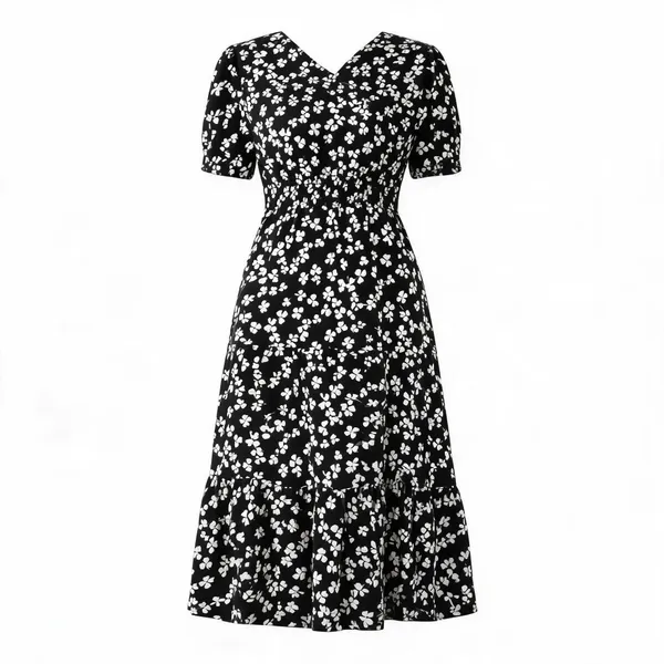 Black_Polyester_Cotton_Puff_Sleeve_Ditsy_Floral_Dress_For_Women