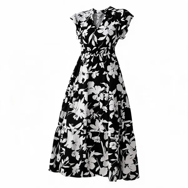 Black_Polyester_Cotton_Sleeveless_Flared_Floral_Dress_For_Women