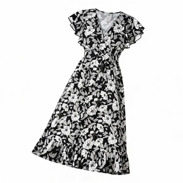 Black_Polyester_Cotton_Ruffle_Sleeve_Floral_One_Piece_Dress_For_Women