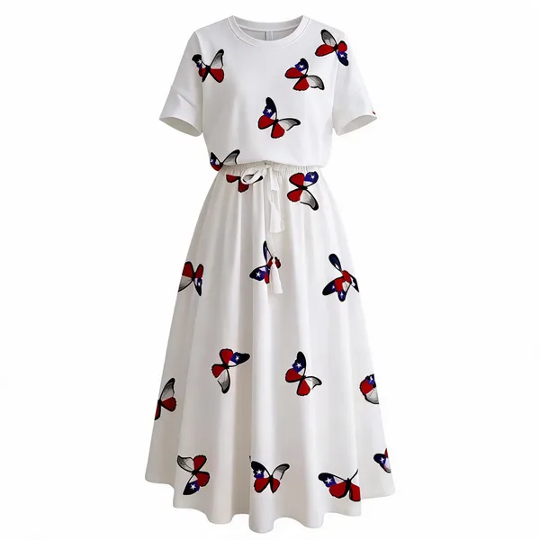 White_Polyester_Cotton_Butterfly_Print_Short_Sleeve_One_Piece_Dress_For_Women