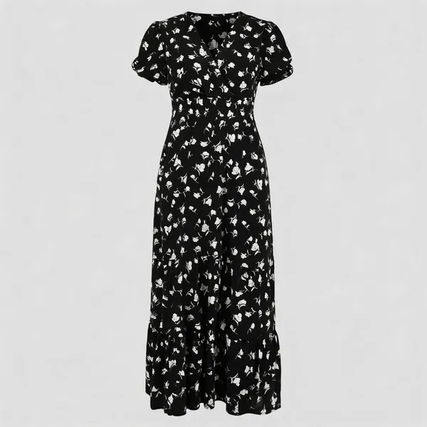 Black_Polyester_Cotton_Puff_Sleeve_Ditsy_Floral_Maxi_Dress_For_Women