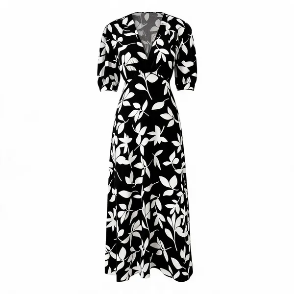 Black_Polyester_Cotton_Wrap_Style_Leaf_Print_Dress_For_Women
