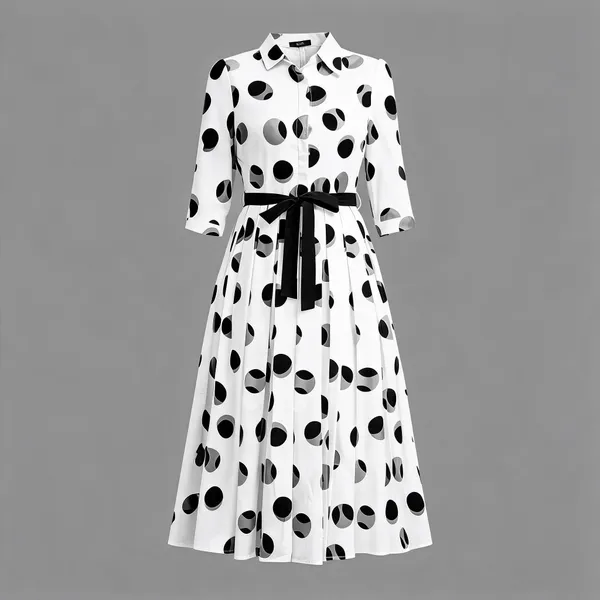 White_Black_Polyester_Cotton_Belted_Polka_Dot_One_Piece_Dress_For_Women