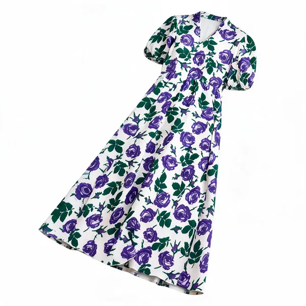 White_Polyester_Cotton_Short_Sleeve_Purple_Floral_Dress_For_Women
