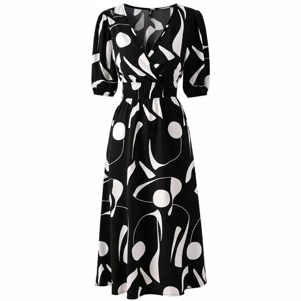 Black_White_Polyester_Cotton_Wrap_Style_Abstract_Print_Dress_For_Women