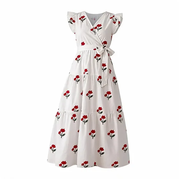 White_Polyester_Cotton_Motif_Print_Sleeveless_One_Piece_Dress_For_Women
