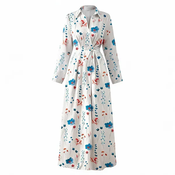 White_Blue_Polyester_Cotton_Long_Sleeve_Floral_Maxi_Dress_For_Women